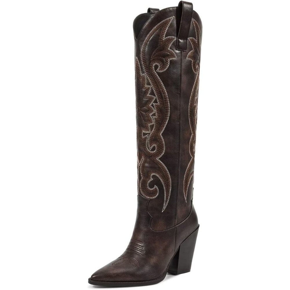 Women's Embroidered Dark Brown Chunky Knee High Heel Western Tall Boots